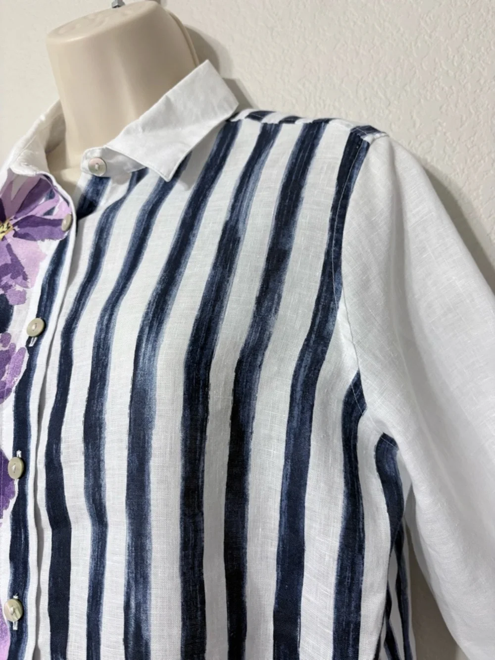 Chico’s Button-Down Linen Shirt with Purple Floral & Navy Stripe Roll Tab Sleeve - Picture 4 of 15